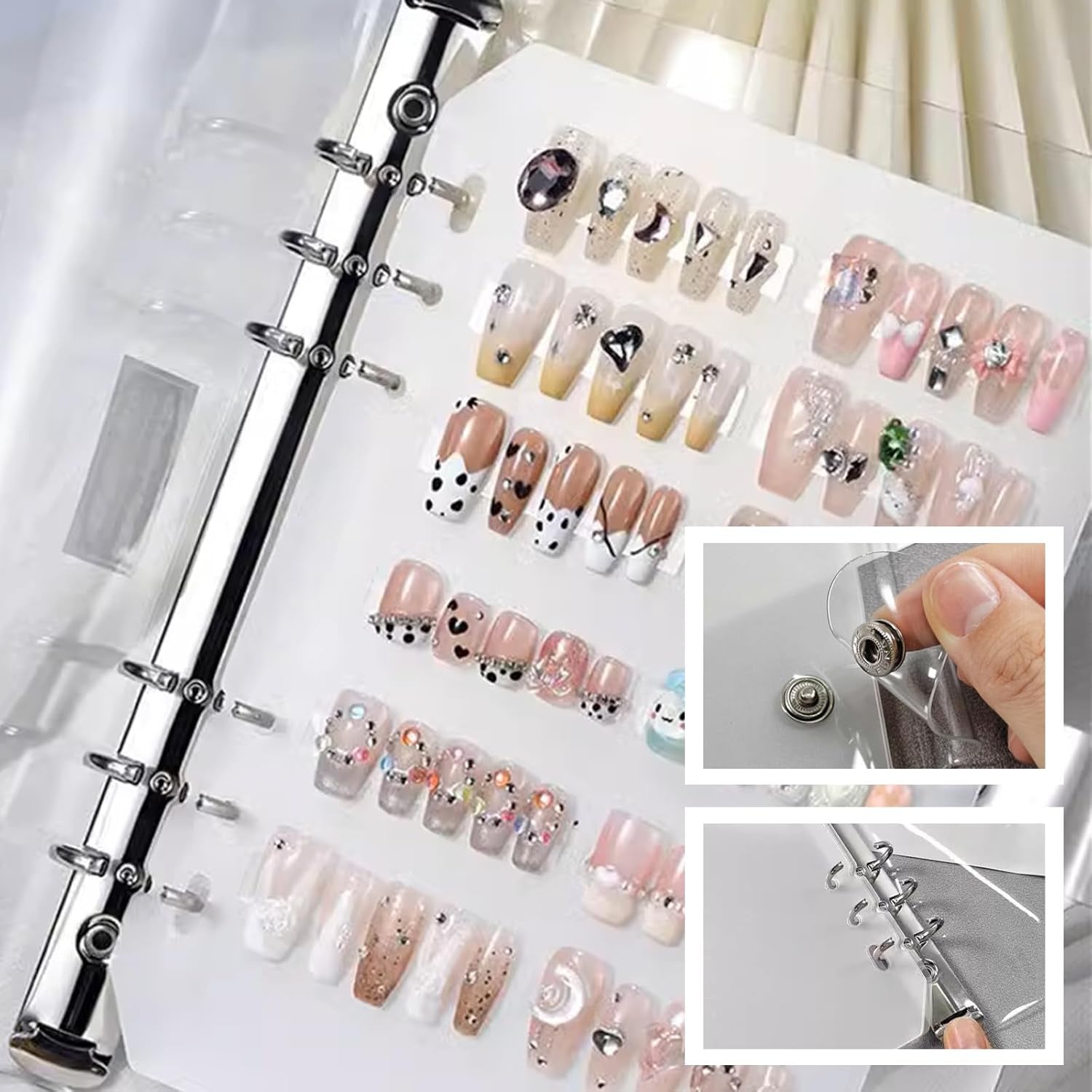 Juego de organizador de uñas A5 con cierre de grapas y hojas extraíbles - Caja transparente resistente + 6 almohadillas adhesivas y libro de almacenamiento de uñas artificiales/adhesivo desmontable - Ideal para almacenamiento, presentación