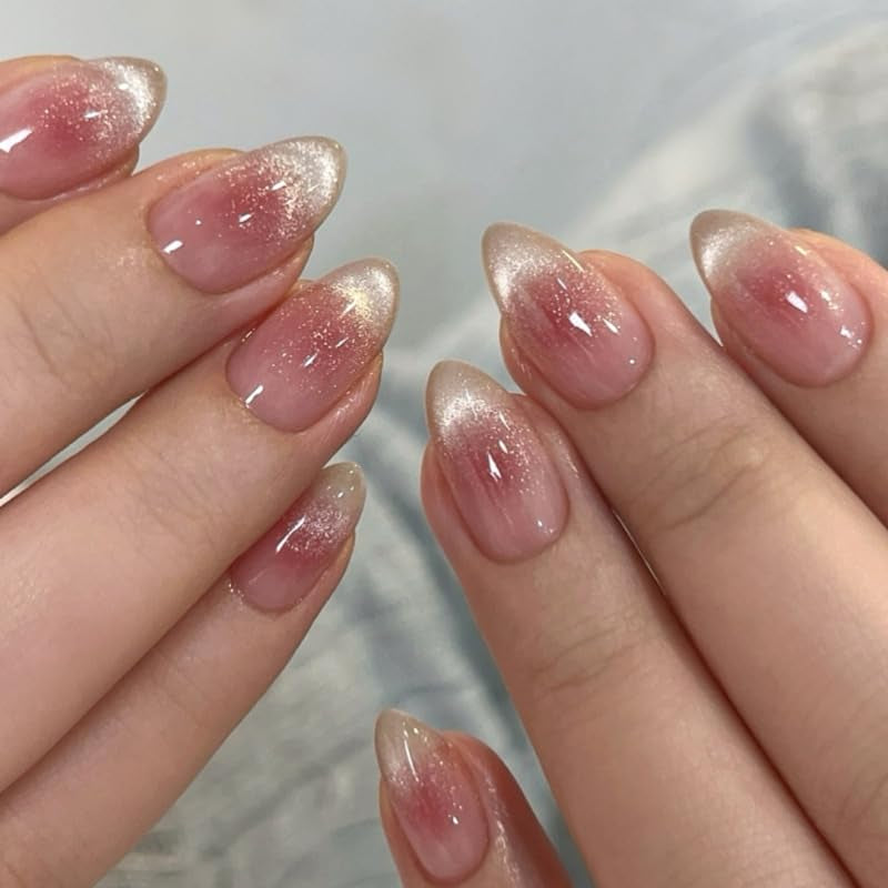Moonglow Uñas Postizas Magnéticas Cortas, Rosa Almendra Rojo Degradado Brillo Ojo de Gato con Pegamento, Rosa Rojo Ombre Brillo Fototerapia Uñas Artificiales para Mujeres y Niñas