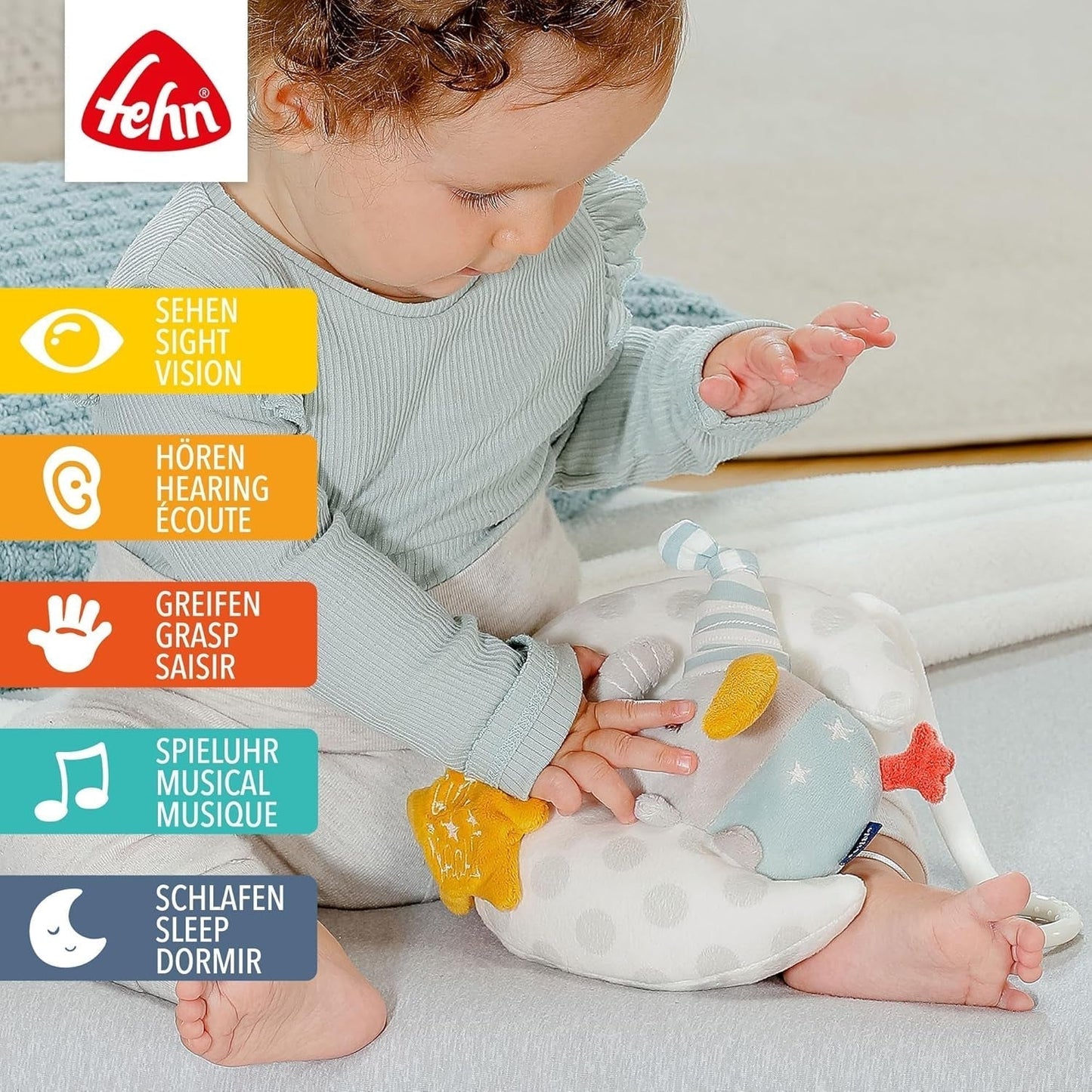 Caja de música Fehn bebé elefante en la luna - bordado "Brilla en la oscuridad" con la canción "La luna ha salido" - peluche para conciliar el sueño - juguete para niños de viaje y en casa - a partir de 0 meses Juguetes para bebés Naty Shop