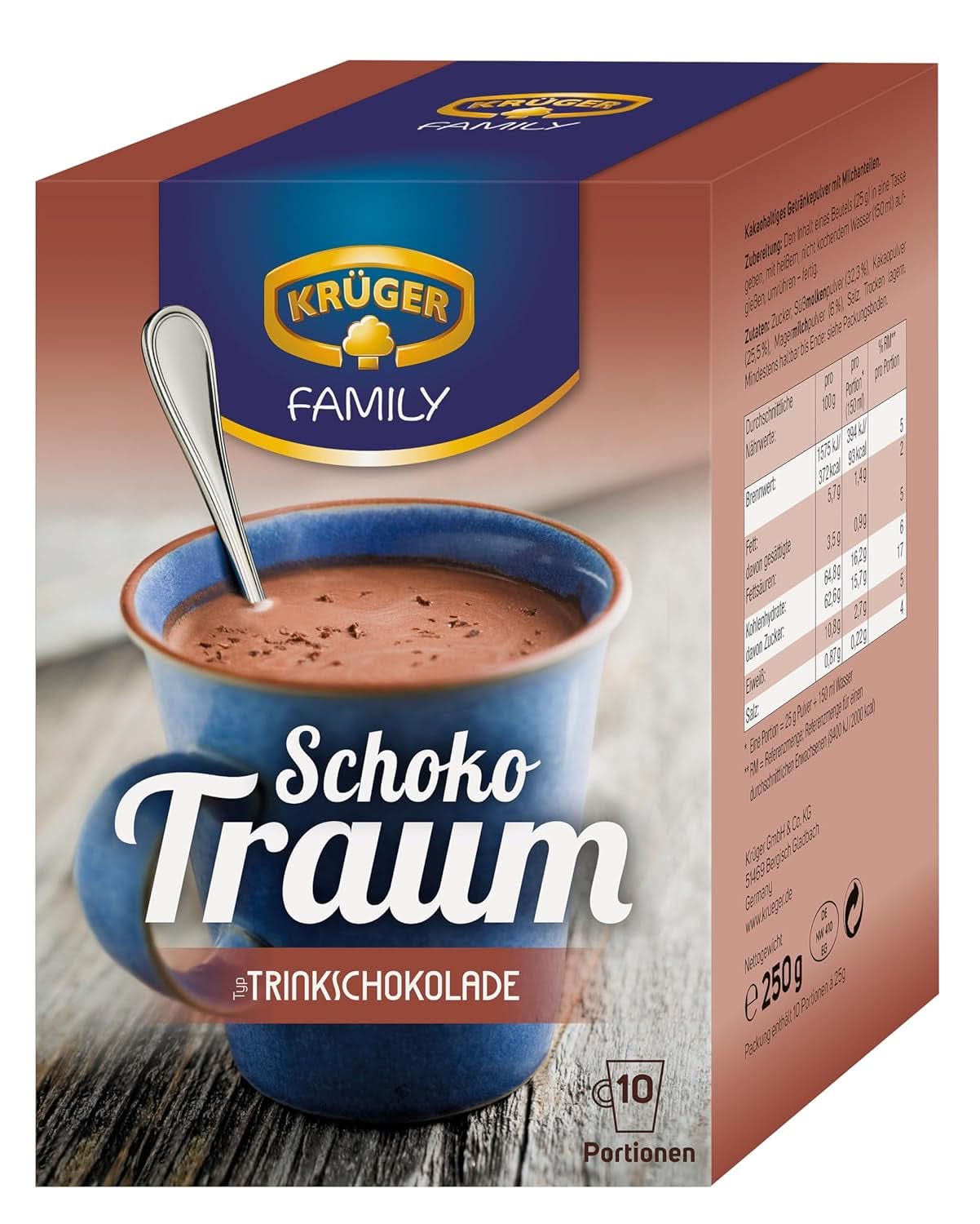 KRÜGER Family, Cacao en polvo para chocolate caliente, 8 cajas x 10 sobres, 8 x 250 gramos Cacao y Chocolate Caliente Naty Shop