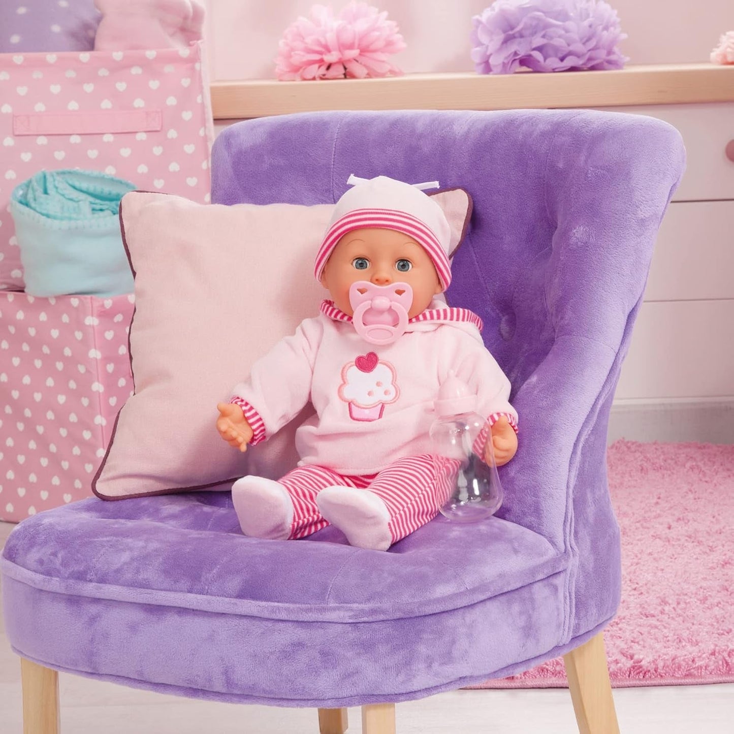 Muñeca First Words con ojos soñolientos, habla 24 sonidos de bebé, con muñeco y biberón, 38 cm, rosa/rayas Naty Shop Muñecas