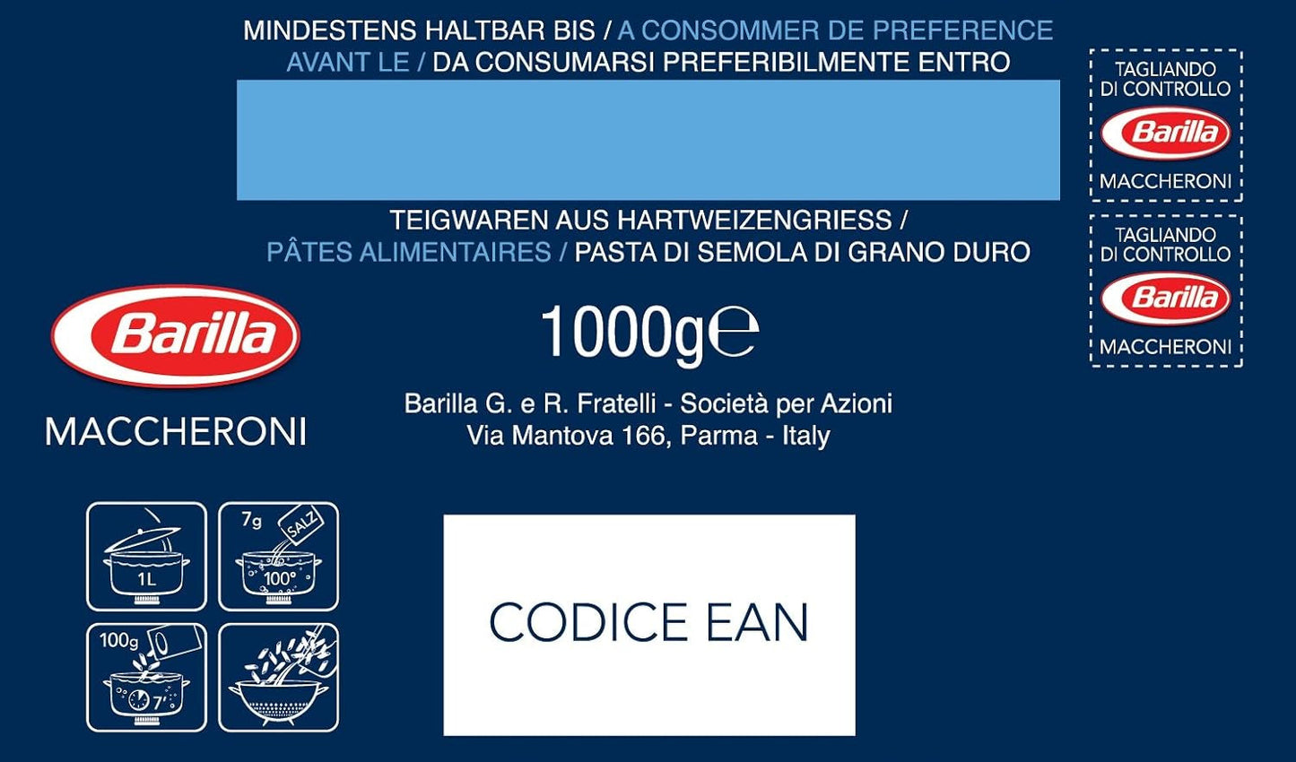 Pasta de trigo duro Barilla Maccheroni n. 44 – Paquete de 1 (1x1kg)
