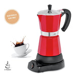 Cafetera espresso Cilio Classico para 6 tazas | eléctrico 480W | Ø 11,5 cm Alto: 25 cm | aluminio | rojo | placa integrada | con función de retención de calor y filtro reductor | para viajar o acampar