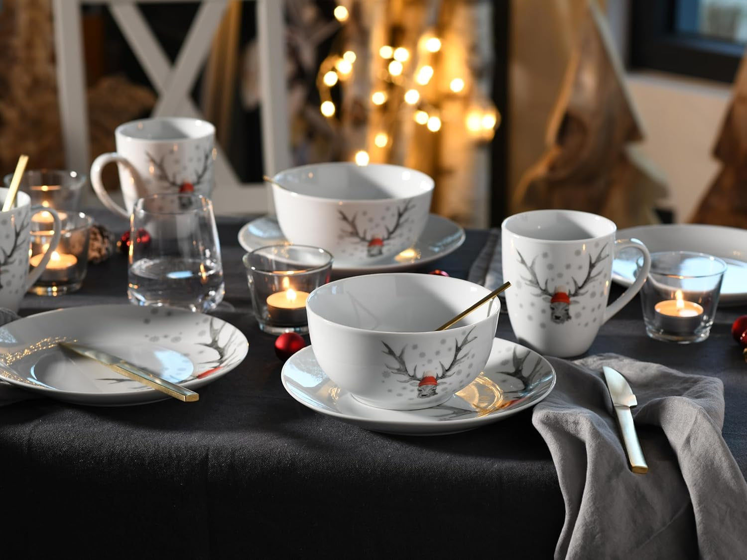 CreaTable, 21498, Serie Luna Hirsch, Vajilla de 18 piezas para 6 personas, Juego de desayuno de porcelana, Apto para lavavajillas y microondas, Fabricación de calidad