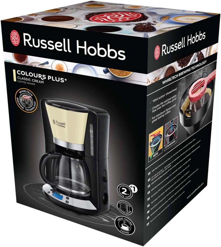 Cafetera Russell Hobbs [Temporizador digital, cabezal de ducha para una extracción y aroma óptimos] Colors+ Creme (1 a 10 tazas, jarra de vidrio de 1,25 L, placa calefactora, 1100 W) Cafetera de filtro 24033-56