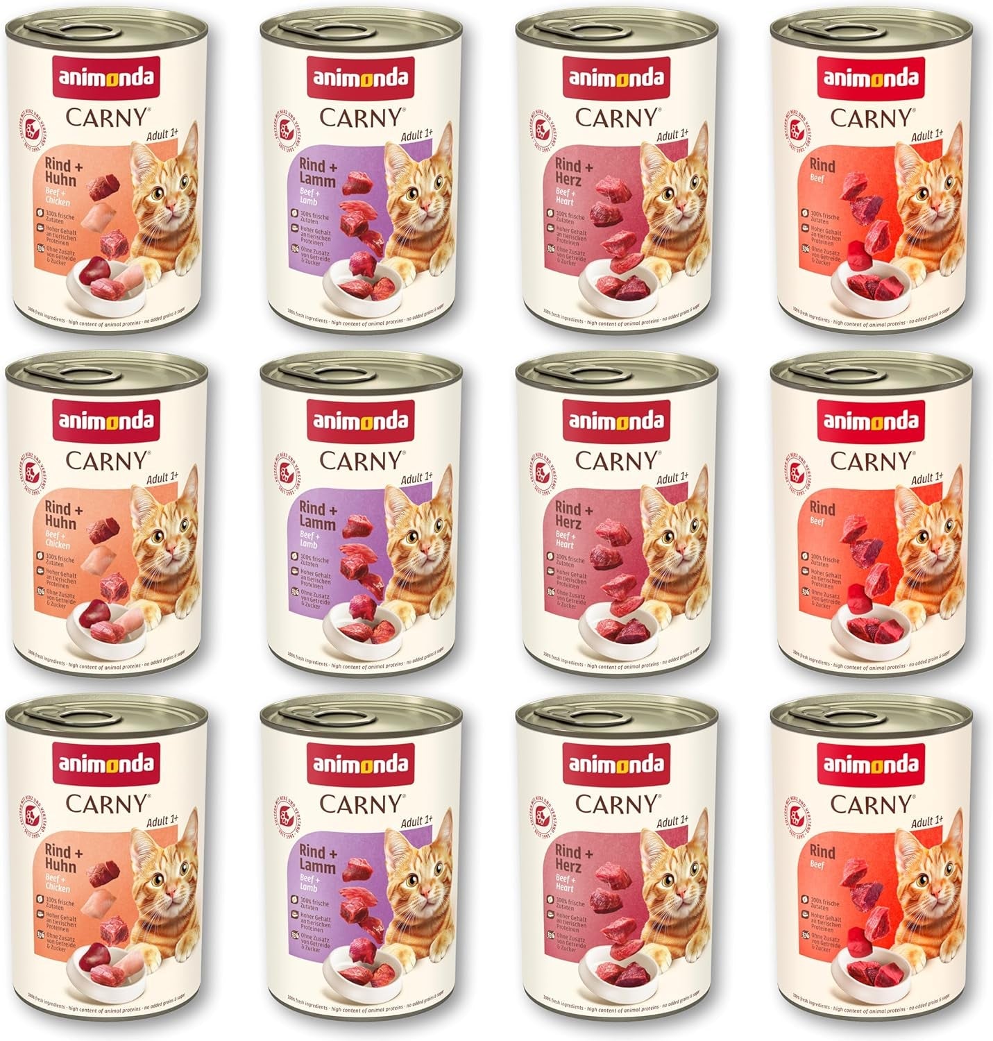 animonda Carny Adult Savory Variety (12 x 400 g), comida húmeda para gatos adultos, comida húmeda con ingredientes 100% cárnicos frescos, sin cereales y sin azúcar