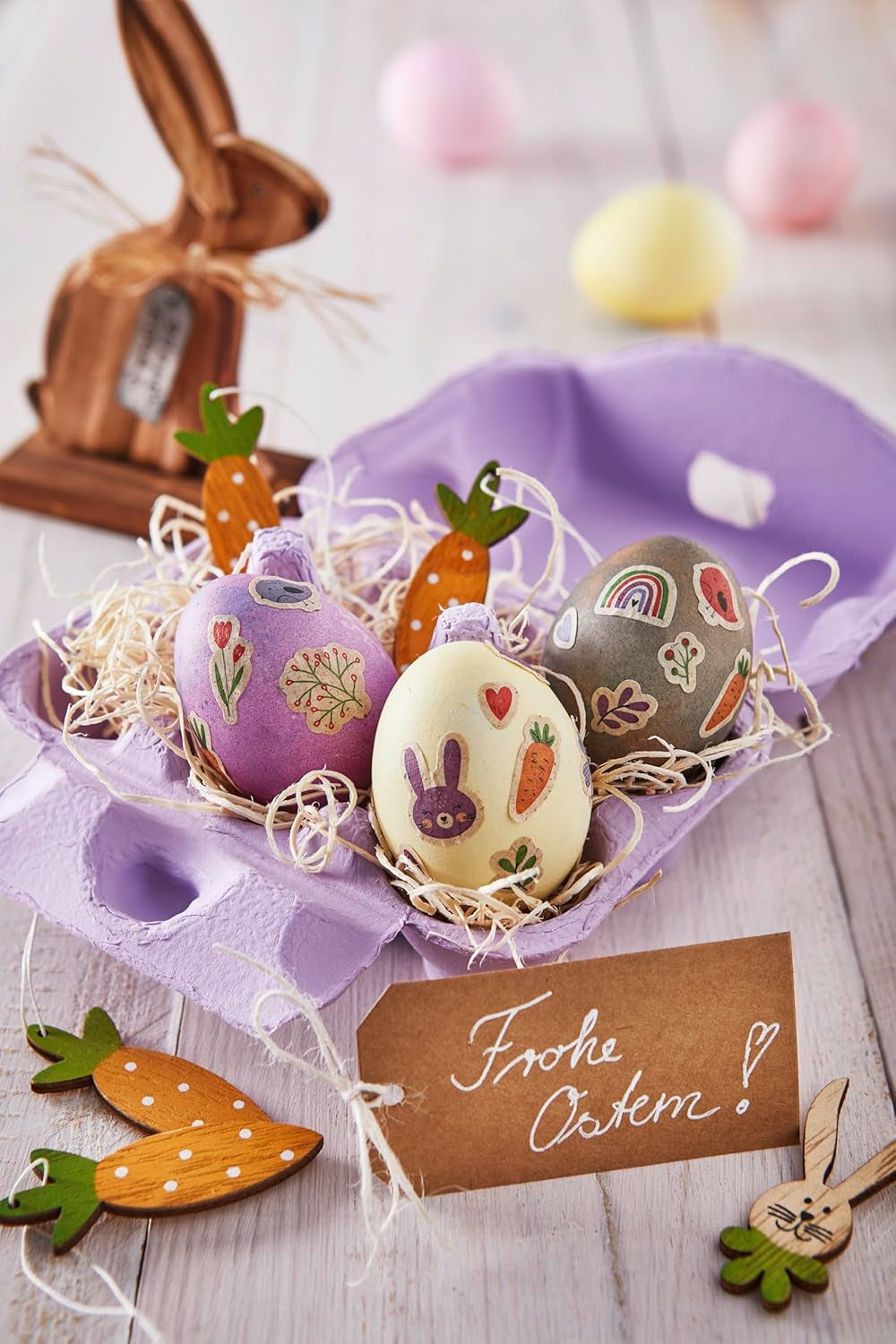 Heitmann Egg Dye Juego de tintes naturales, 3 tintes en polvo para huevos (amarillo, morado, gris azulado), hoja de pegatinas de papel de hierba