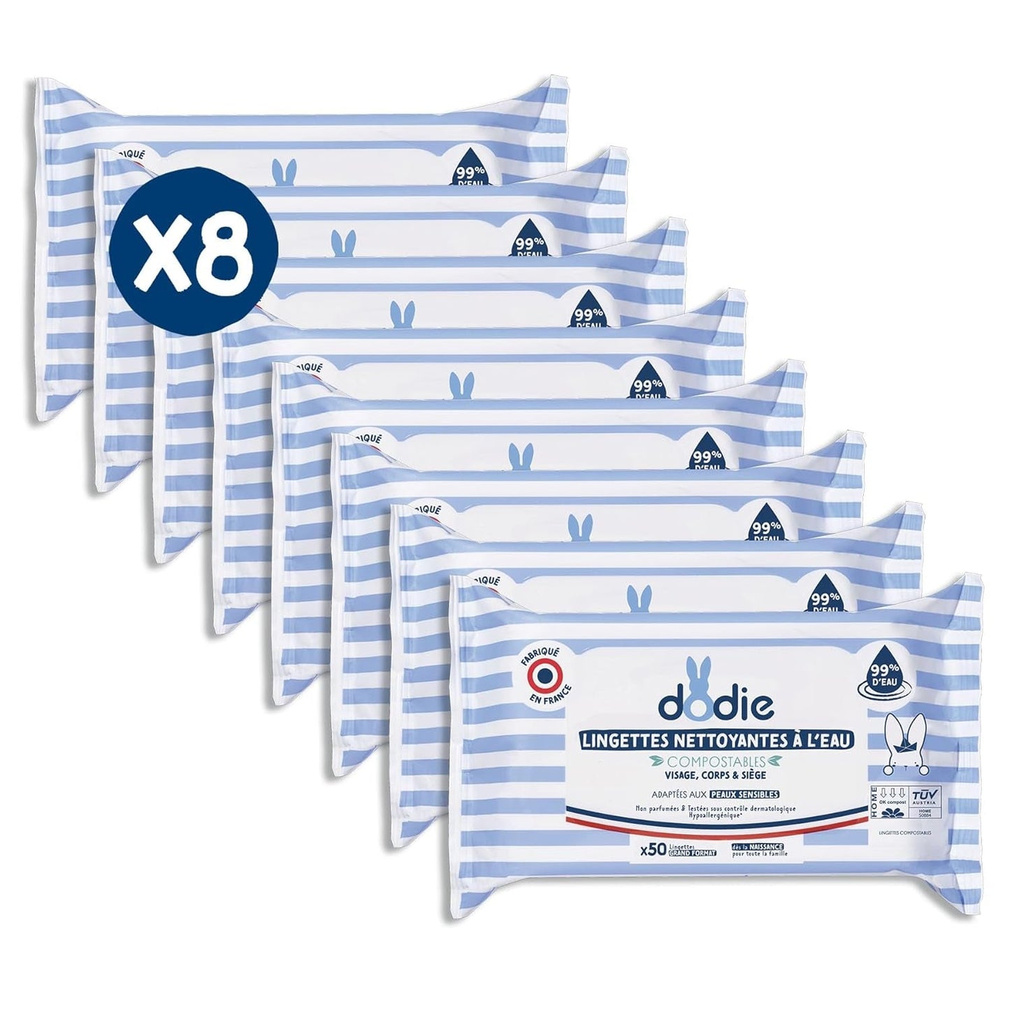 Paquete de 8 paquetes de toallitas de limpieza compostables con agua, 50 unidades