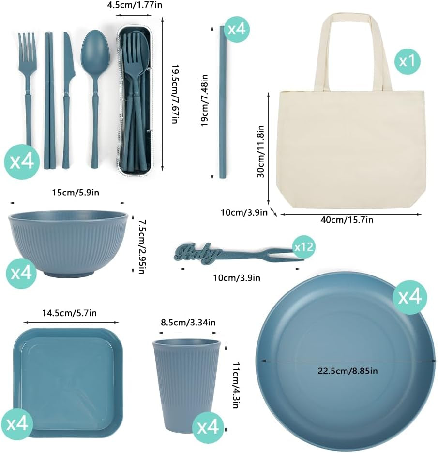 Juego de vajilla de camping para 4 personas, 53 piezas, vajilla de camping indestructible para 4 personas, vajilla de plástico ligero con bolsa de transporte, platos y cuencos apilables, vajilla de picnic para jardín y barbacoa