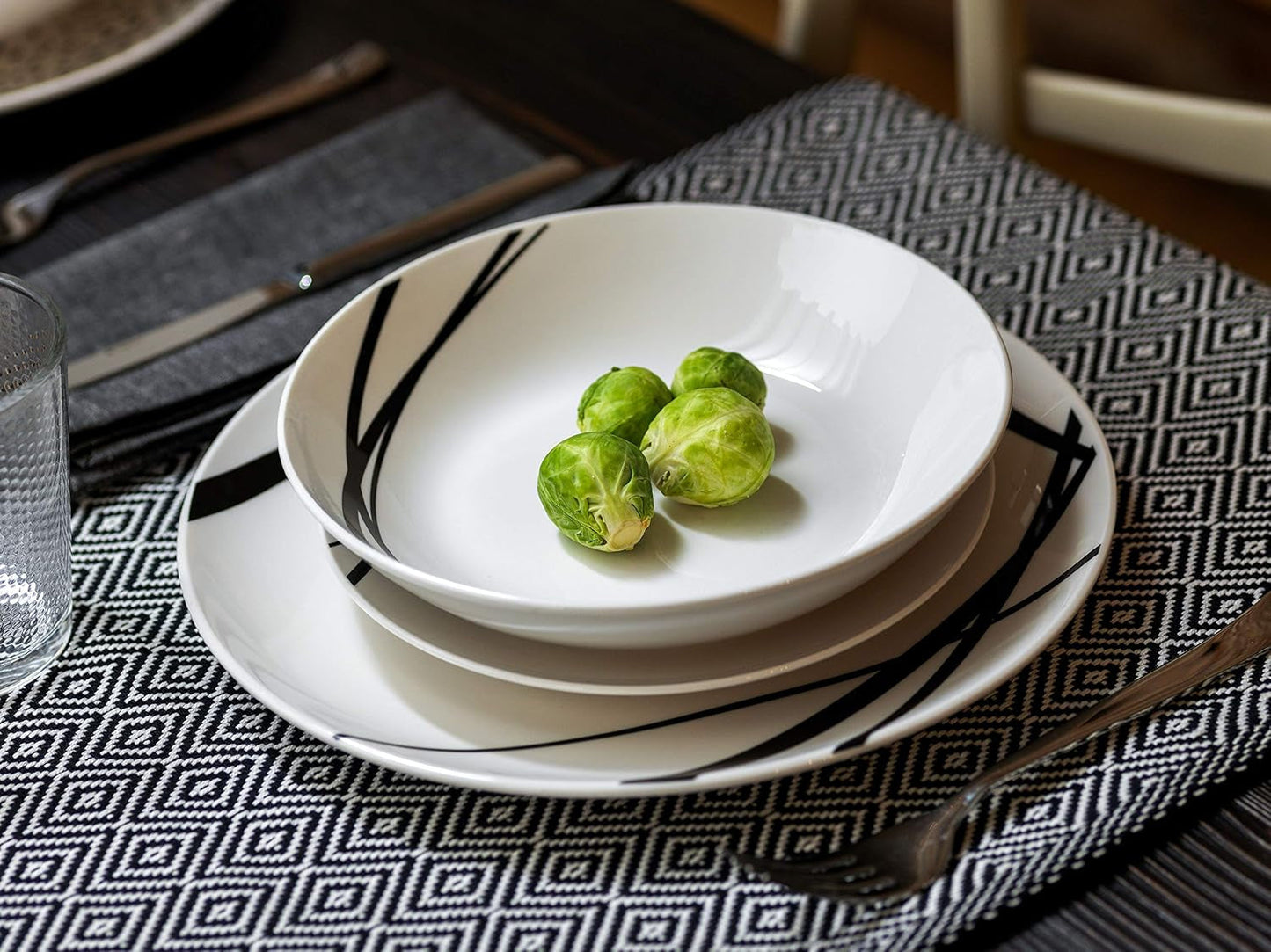 Servicio de mesa gráfica, 18 piezas para 6 personas, porcelana, blanco