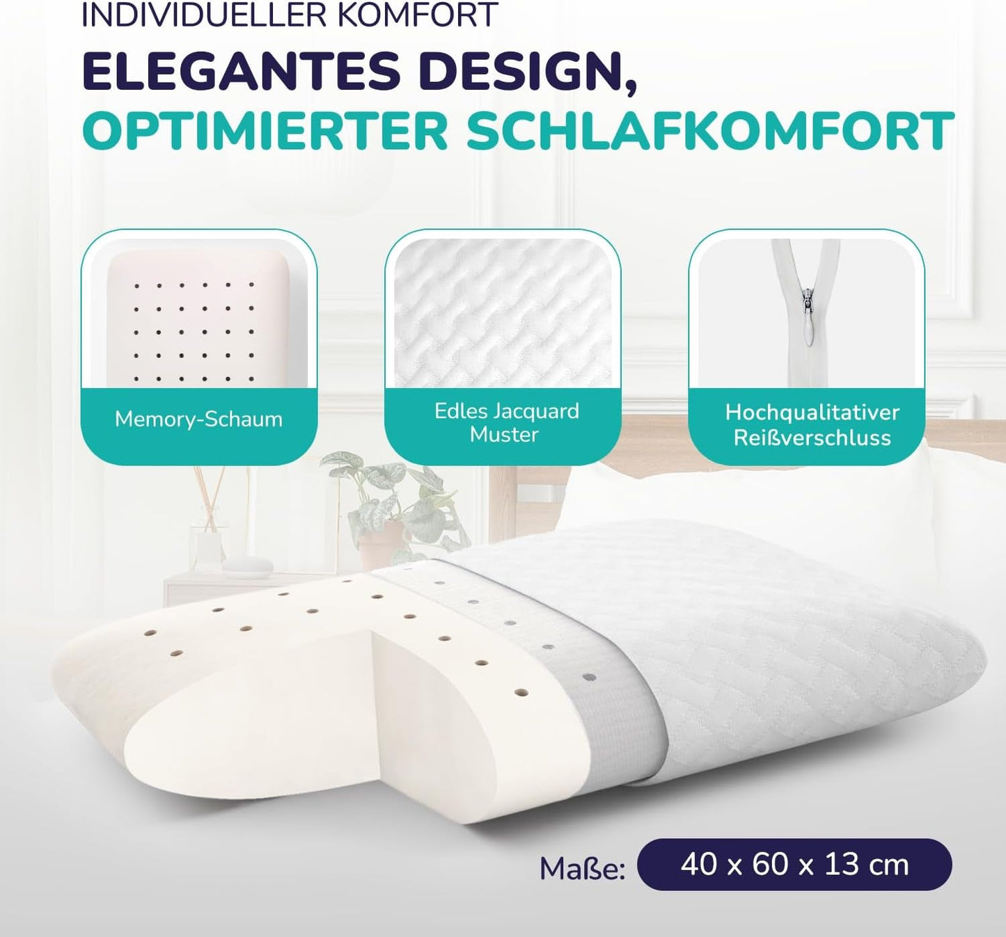 ZenPur Almohada ortopédica para el cuello 40x60-13cm, Almohada viscoelástica para la cabeza - Almohada ergonómica para dormir para cuello y hombros, certificado Oeko-TEX