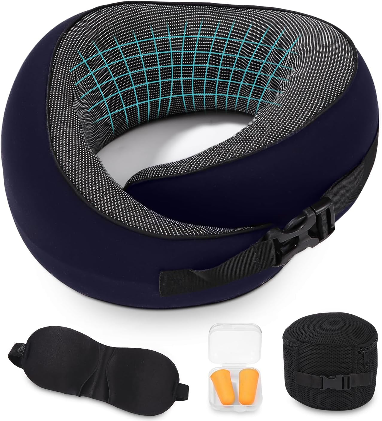 Almohada de cuello de avión, almohada de viaje de espuma viscoelástica, almohada de cuello para adultos, almohada de avión lavable ajustable, almohada de viaje ergonómica (gris) Almohadas ortopédicas cervicales Naty Shop Navy