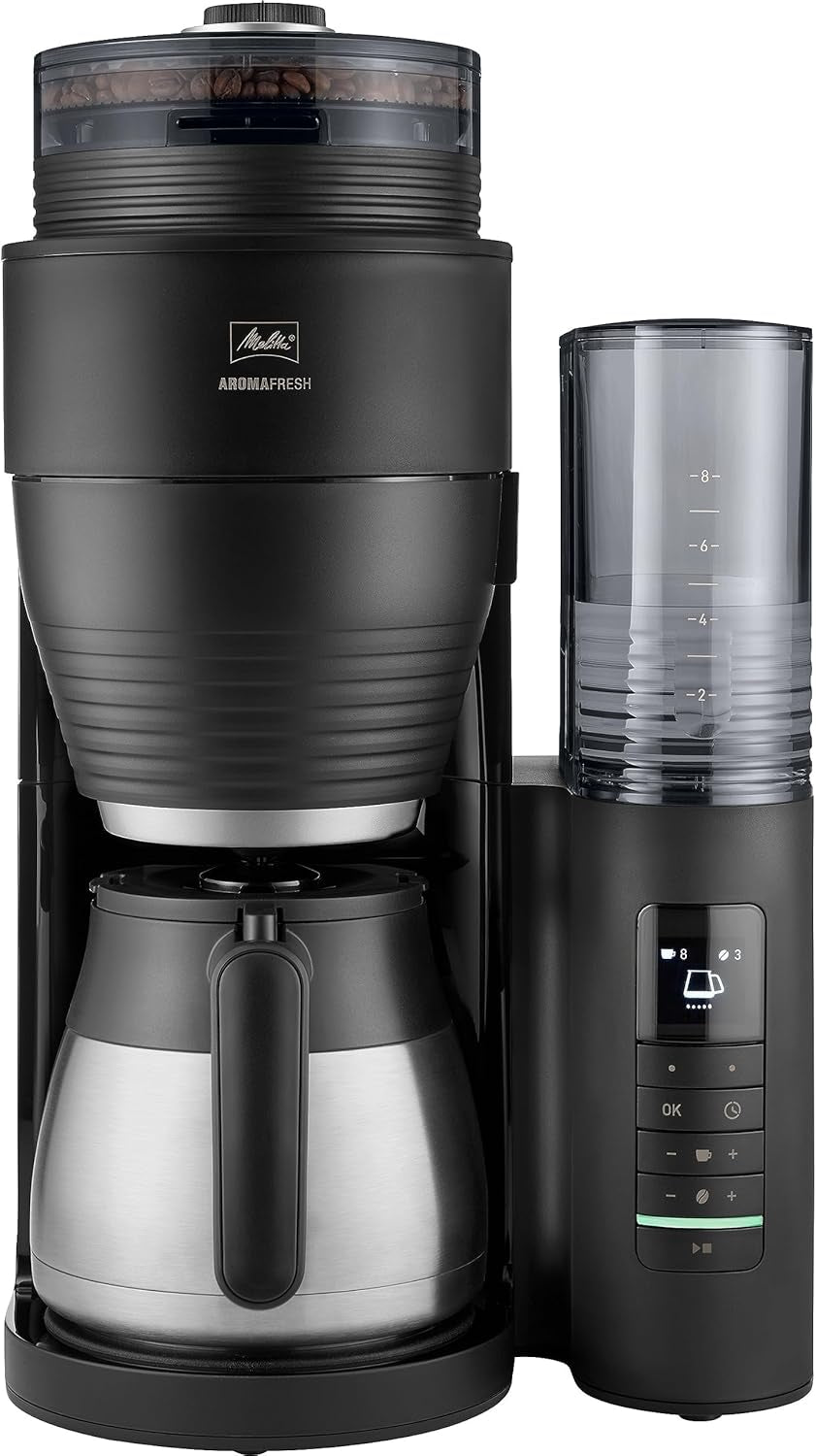 Melitta AromaFresh Therm Pro X - Cafetera espresso con filtro, molinillo integrado, depósito de agua extraíble, jarra térmica de acero inoxidable y función de temporizador, para hasta 8 tazas de café, negro/plateado
