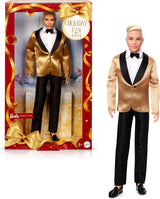 Barbie Signature 2025 Holiday Blonder Ken Modepuppe zum Sammeln in complete Anzug mit Goldener Jacke in Einer Verpackung zum Ausstellen und mit Puppenständer, JGK55