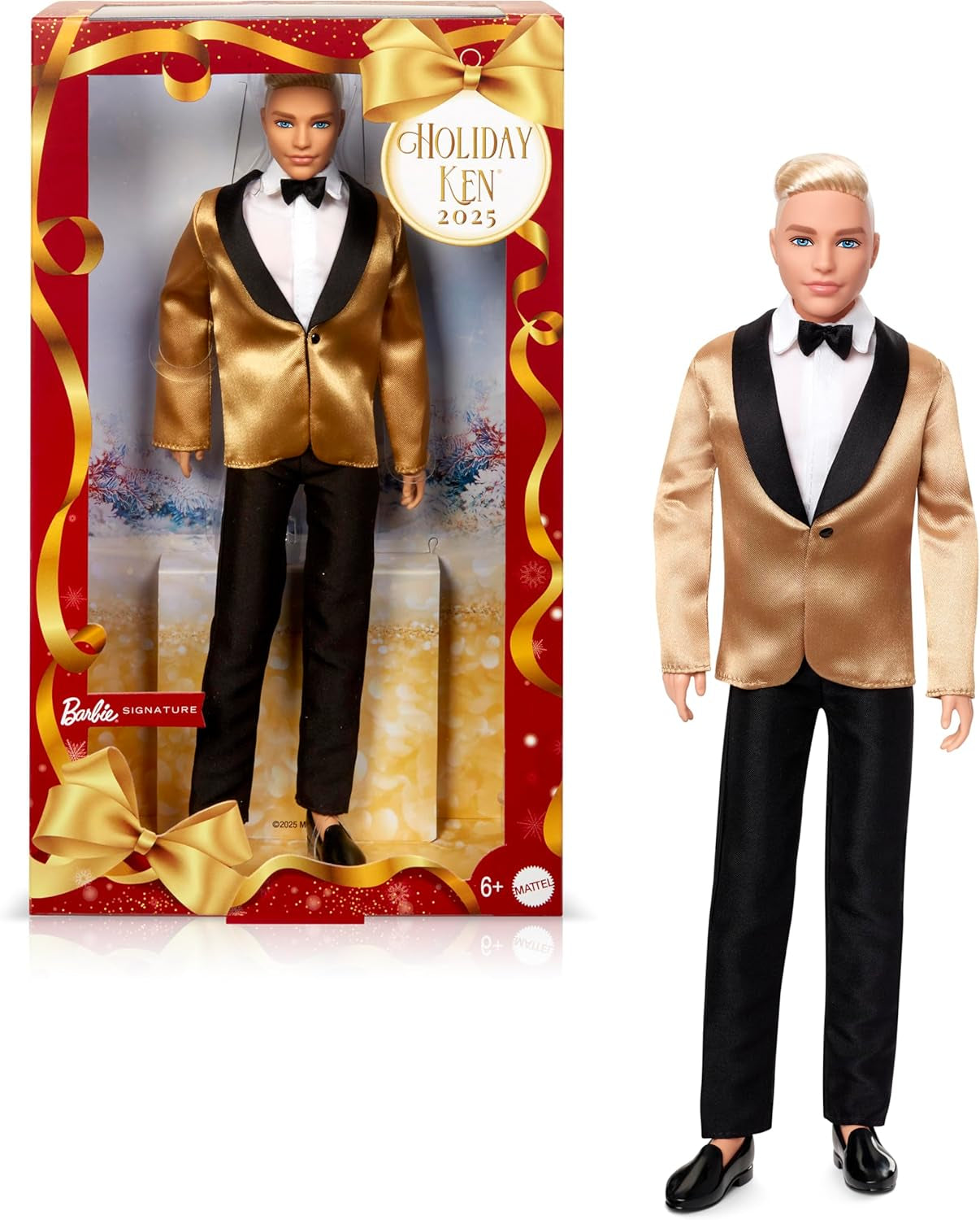 Barbie Signature 2025 Holiday Blonder Ken Modepuppe zum Sammeln in complete Anzug mit Goldener Jacke in Einer Verpackung zum Ausstellen und mit Puppenständer, JGK55