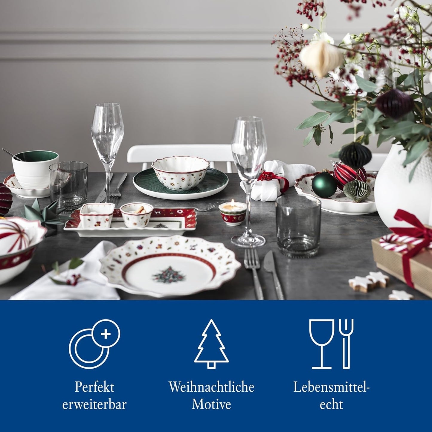 Villeroy & Boch - Toy's Delight Salsera, 4 piezas, fuente con cuencos, juego de salsas navideñas, decoración de mesa de juguete, bandeja para servir, cuencos, vajilla navideña, porcelana premium
