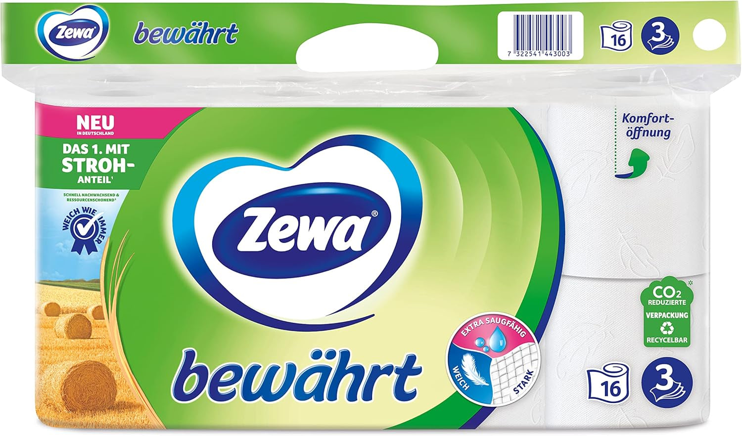 Zewa Proven - 48 rollos - El primer papel higiénico con contenido de paja - 3 capas