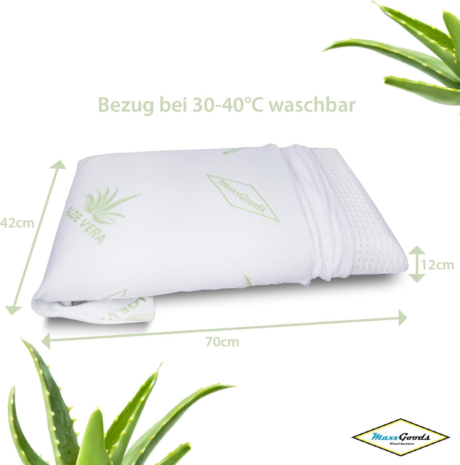 Maxxgoods Almohada Ortopédica Almohada de Espuma de Gel Visco con Funda Protectora de Aloe Vera y Funda Interior 100% Algodón - Almohada para Dormir boca abajo, boca arriba y de lado (42 cm x 70 cm x 12 cm) Almohadas ortopédicas cervicales Naty Shop