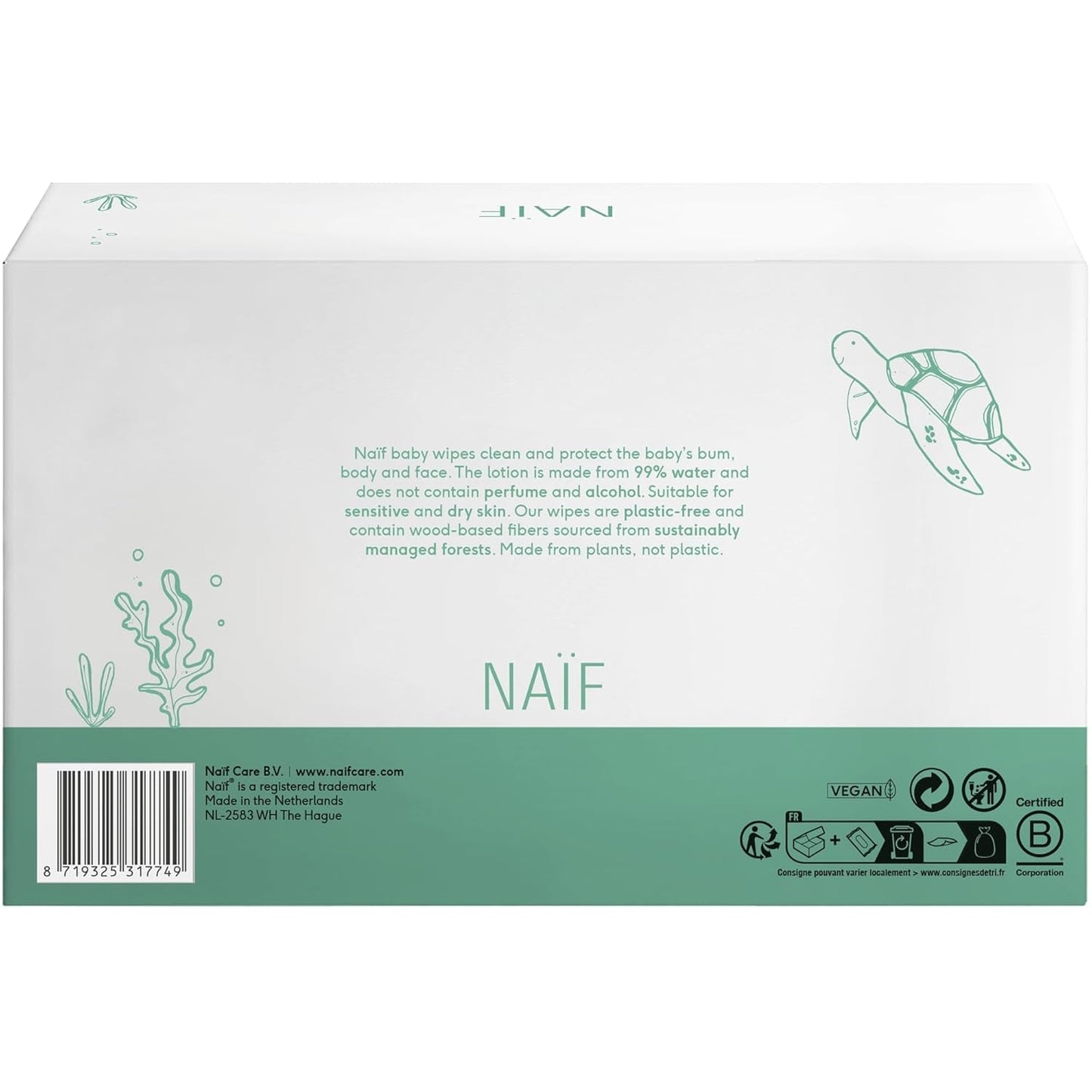 Naïf - Toallitas húmedas sin plástico - 1296 piezas (24 piezas x 54 toallitas húmedas) - Cuidado de las nalgas, el cuerpo y la cara del bebé - 99% agua - 0% fragancia y alcohol