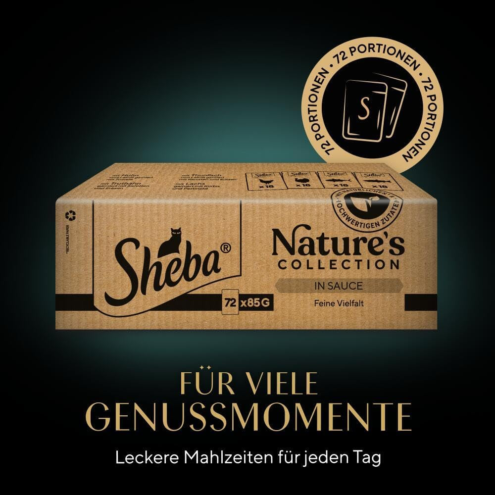 SHEBA Nature's Collection en salsa - Alimento húmedo para gatos de alta calidad, variedad fina (MSC) en sobres porcionados - 72 x 85 g
