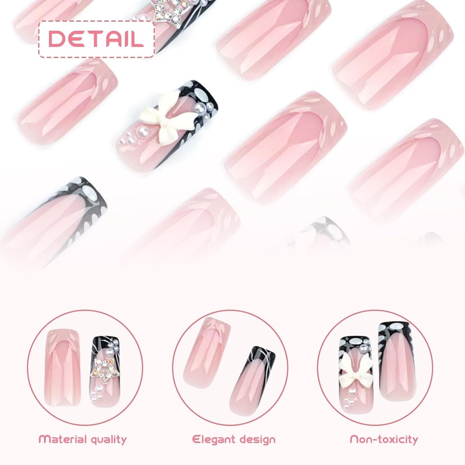 24 uñas postizas 3D con purpurina cuadrada rosa y diamantes de imitación de longitud media para mujeres y niñas