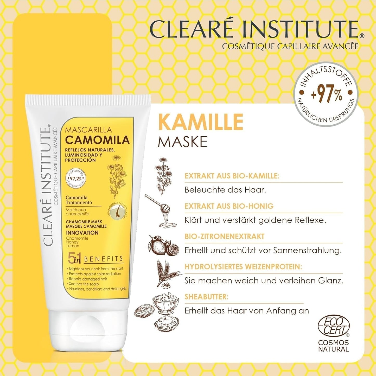 Instituto Clearé | Mascarilla de manzanilla | Nutre, acondiciona y desenreda | Brillo y Brillo Dorado | 97% ingredientes naturales | Calma el cuero cabelludo Con extracto de manzanilla |150 ml Mascarilla capilar Naty Shop