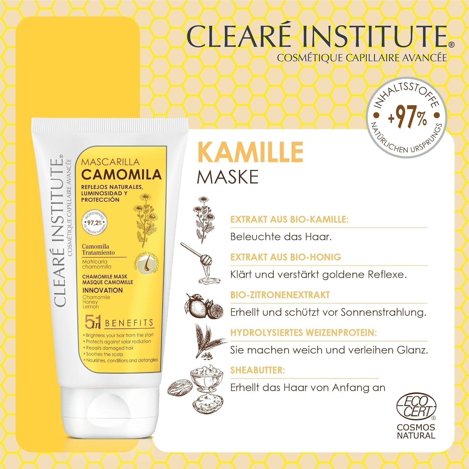 Instituto Clearé | Mascarilla de manzanilla | Nutre, acondiciona y desenreda | Brillo y Brillo Dorado | 97% ingredientes naturales | Calma el cuero cabelludo Con extracto de manzanilla |150 ml Mascarilla capilar Naty Shop