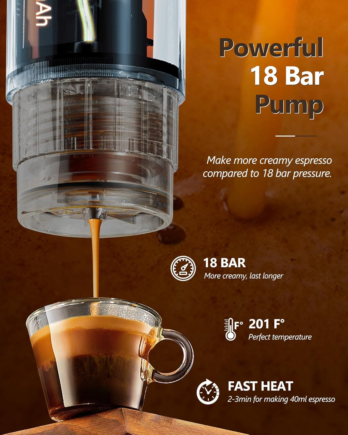 CONQUECO Máquina de espresso para coche de 12 V: Máquina de espresso portátil con batería para acampar y viajar - Calentamiento rápido en 2,5 minutos - 8 tazas de espresso en una sola carga