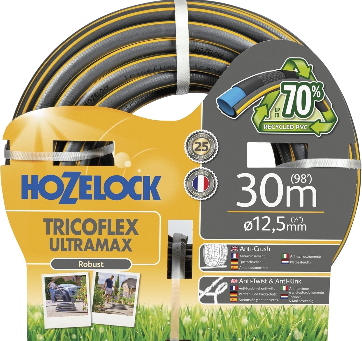Manguera HOZELOCK - Ultramax 12,5 mm x 30 m, hasta 70 % de PVC reciclado, robusta, resistente a la intemperie, antitorsión, resistente a dobleces y aplastamientos, gris