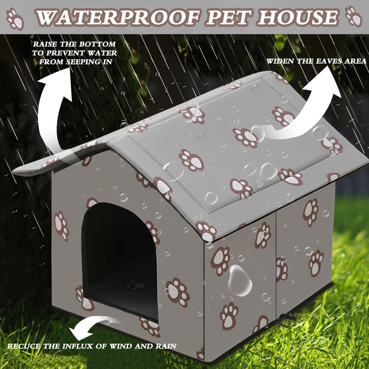 Katzenhaus für Draußen Winterfest und Wasserdicht, Faltbare Outdoor Katzenhöhle mit Abnehmbarem Kissen, Wetterfestes Tierheim für Streuner und Haustiere, Waschbar e Isoliert (Graue Katzenpfote, M)