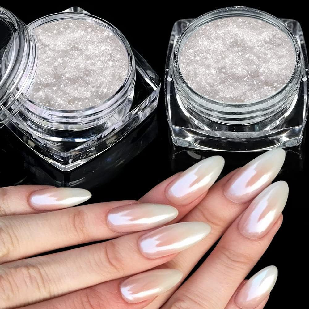 2 Schachteln Weiße Perle Chrom Nagelpuder - Pulverizador de pigmento cromado Aurora Ice Shimmer transparente para uñas, Donut glaseado Glitzerpuder Nails Spiegeleffekt-Glitter Nagelkunst-Pulver para bricolaje-Salón