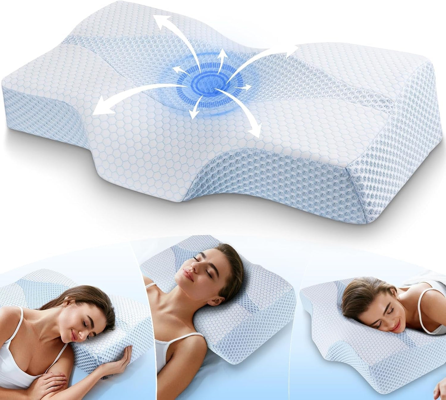Almohada para el cuello de espuma viscoelástica Almohada ortopédica ergonómica para el dolor de cuello y hombros - Almohada refrescante para dormir de lado, boca arriba y boca abajo con soporte para el cuello Almohadas ortopédicas cervicales Naty Shop 01-Azul Tamaño estándar (25 * 16 * 4.2/5.3) 01-Azul Tamaño estándar (25"*16"*4.2"/5.3")