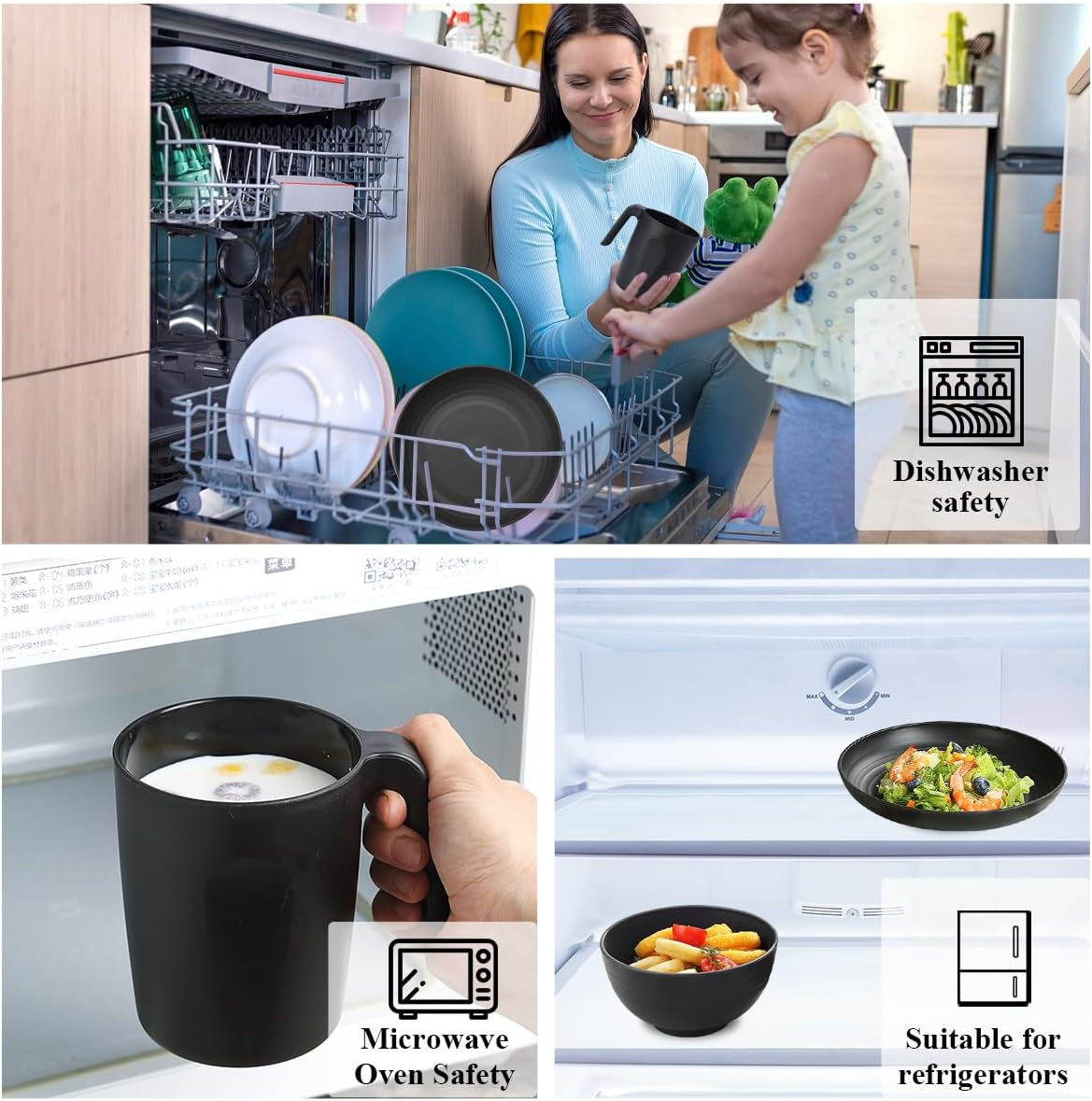 Berglander Juego de vajilla de plástico negro de 24 piezas para 6 platos y cuencos reutilizables, incluidos platos llanos, platos de postre, cuencos de cereales y tazas para el hogar, el jardín y el picnic