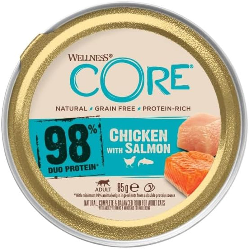 Wellness CORE 98% 12 x 85g, Pollo y Salmón - Comida húmeda para gatos, paté espeso, sin cereales, natural, hipoalergénica, rica en proteínas, rica en carne