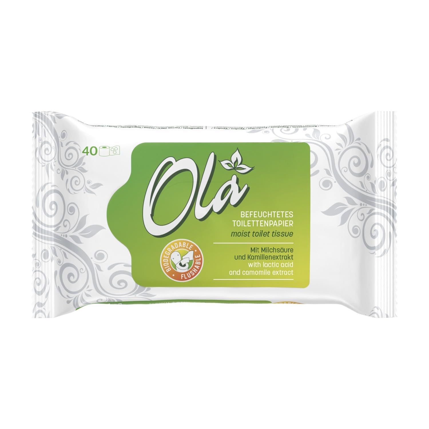 Papel higiénico húmedo OLA - (1X40 piezas) Toallitas húmedas - extracto de manzanilla y ácido láctico, lavables, piel sensible - 40 piezas