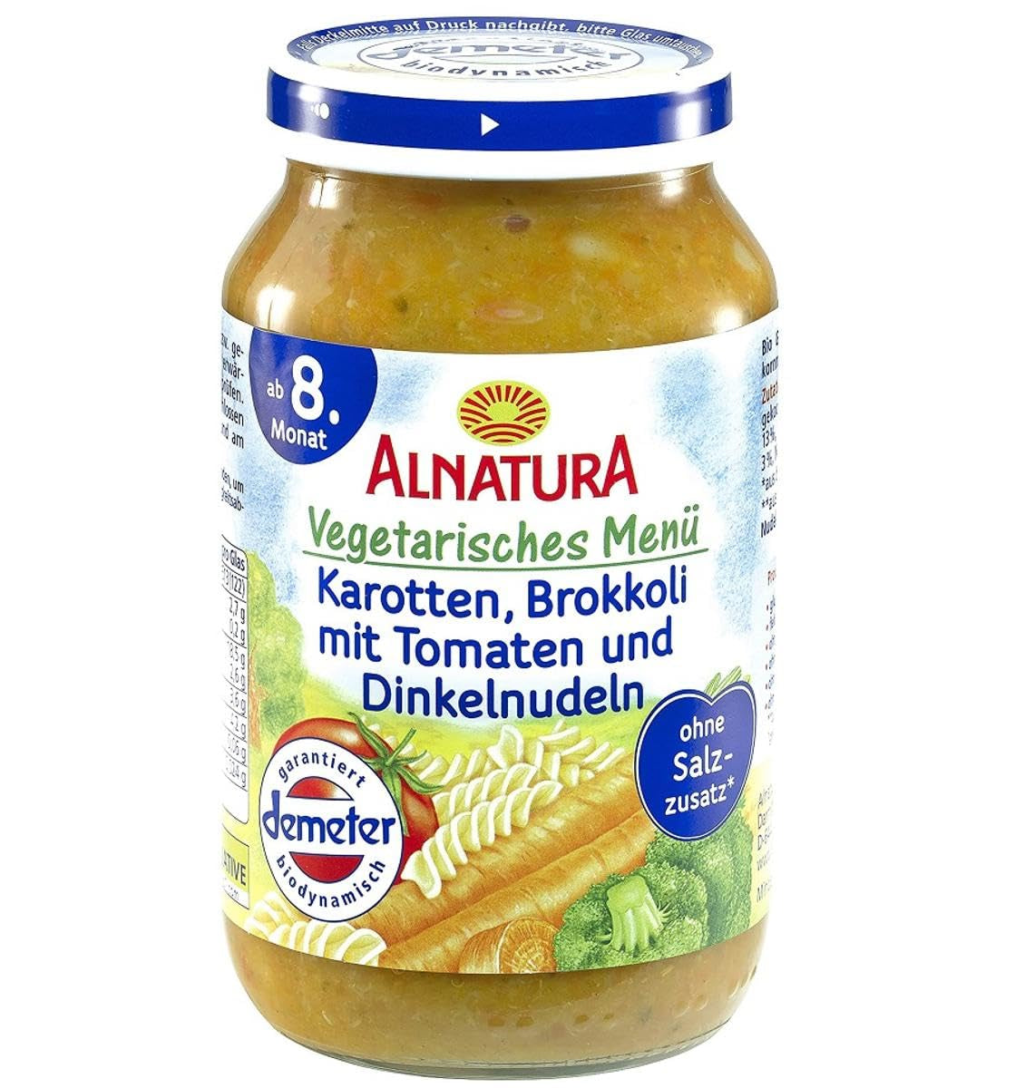 Pasta ecológica con zanahoria, brócoli con tomate y espelta, a partir de 8 meses, 220g