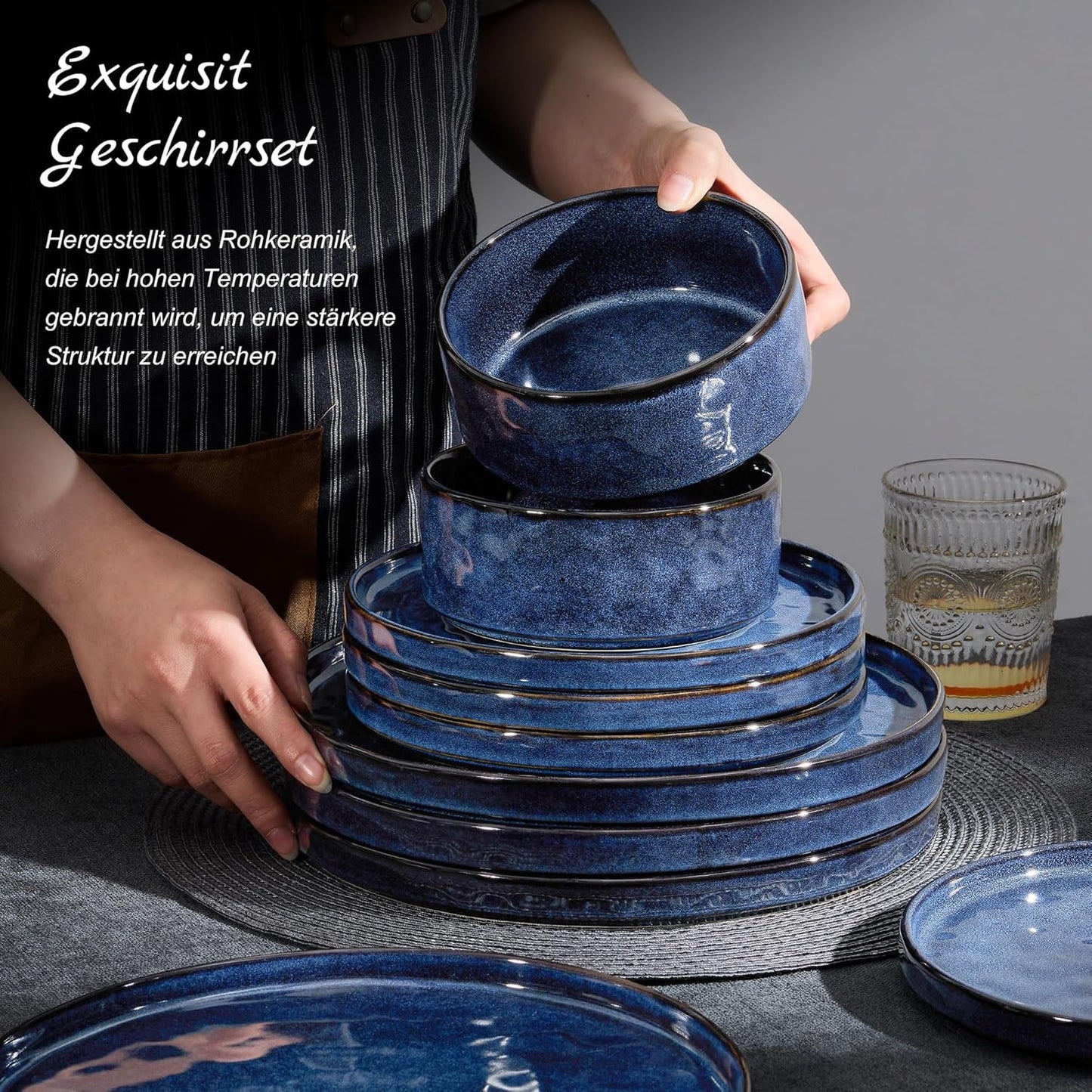 Homikit Juego de Vajilla de 12 Piezas para 4, Combo de Vajilla con Platos, Platos de Postre y Cuencos de Cereal, Apto para Microondas y Lavavajillas, Azul Elegante