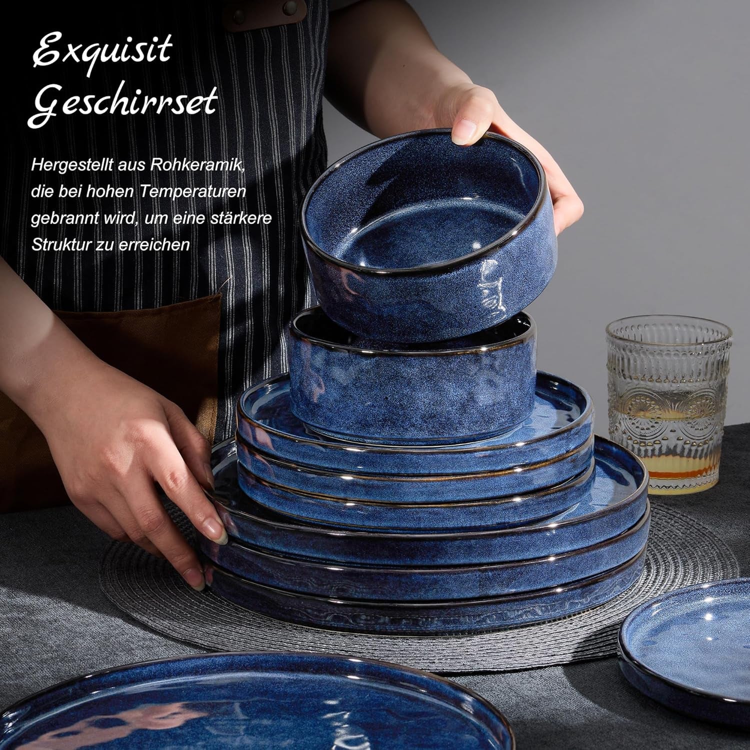 Homikit Juego de Vajilla de 12 Piezas para 4, Combo de Vajilla con Platos, Platos de Postre y Cuencos de Cereal, Apto para Microondas y Lavavajillas, Azul Elegante