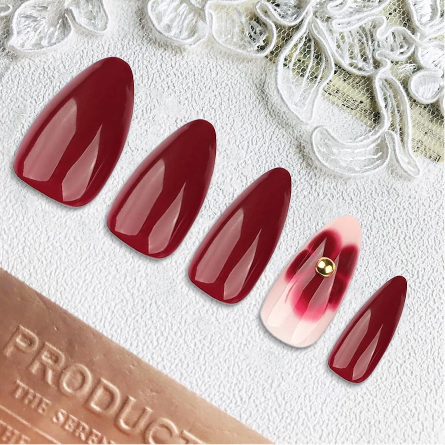 24 flores de color burdeos con armadura de diamantes, prensa en uñas, pegamento en uñas artificiales, juego de puntas de uñas