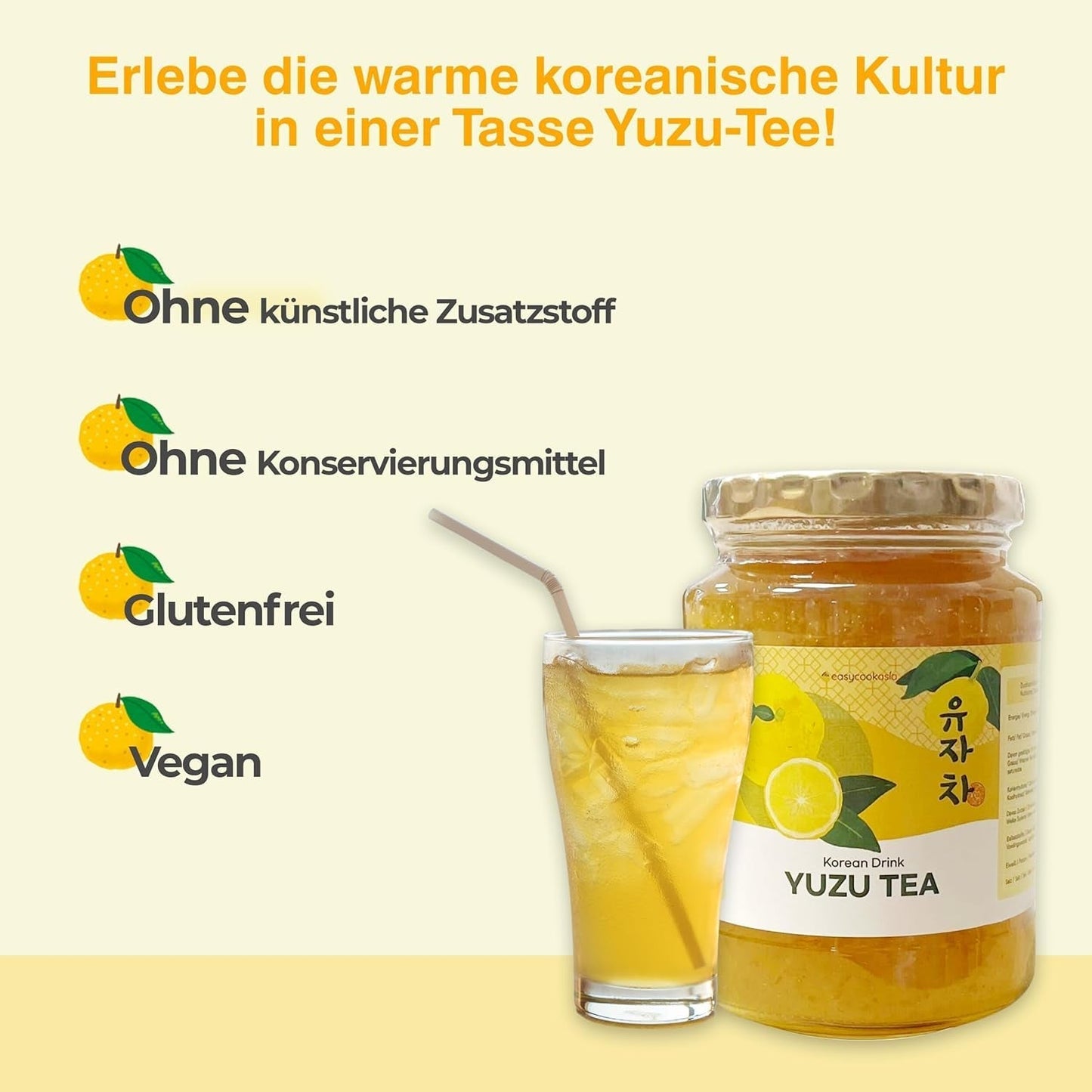 Bebida coreana Easycookasia – Té Yuzu | Afrutado, dulce y cítrico | Con vitamina C | Para té, limonada, cócteles y postres | Descubre la cultura asiática del té (500g)