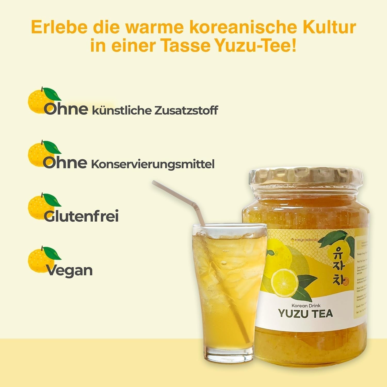 Bebida coreana Easycookasia – Té Yuzu | Afrutado, dulce y cítrico | Con vitamina C | Para té, limonada, cócteles y postres | Descubre la cultura asiática del té (500g)