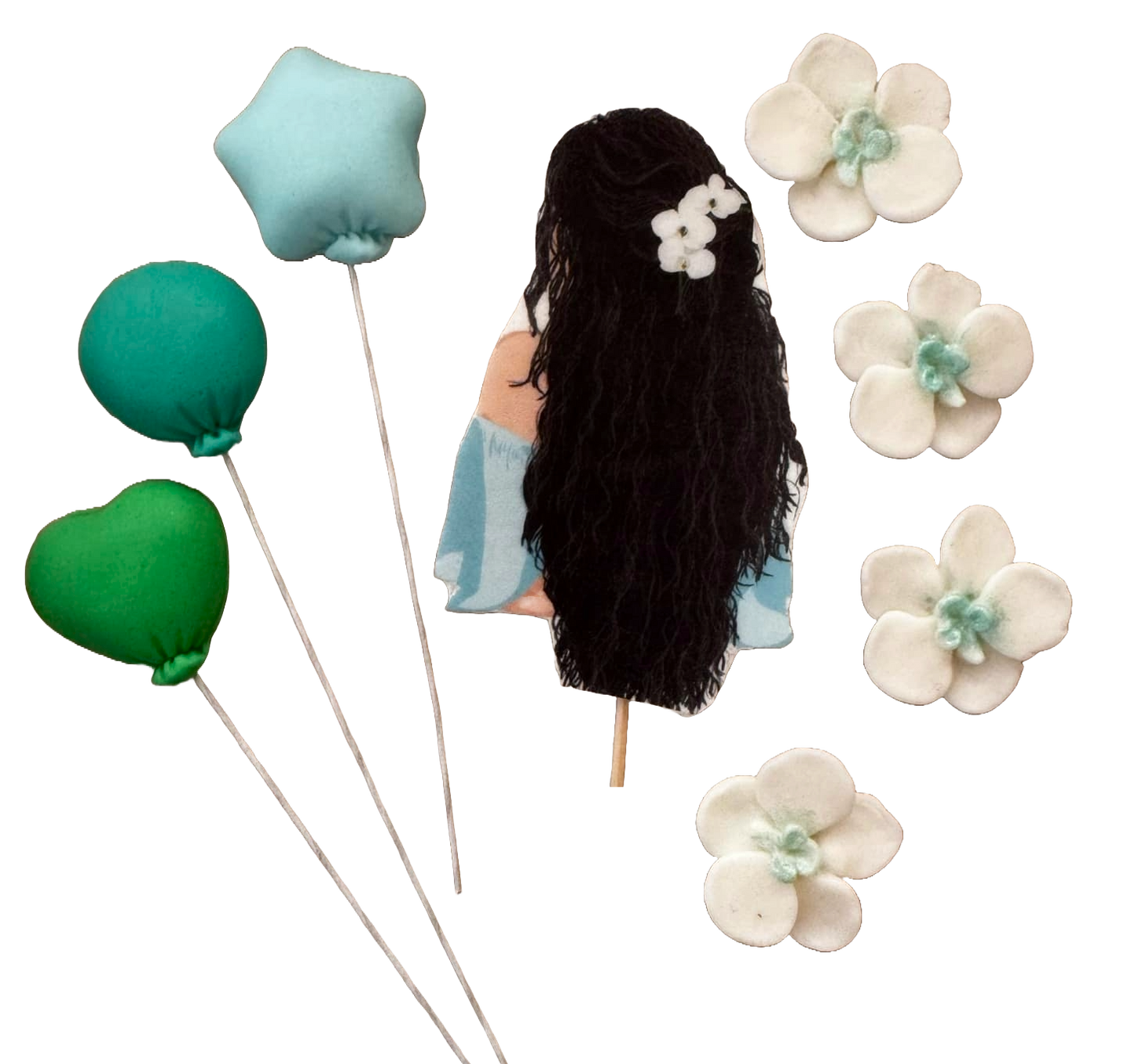 Set de 8 adornos de pasta de azúcar comestible, Bella Dama, cabello negro Decoraciones de pasta de azúcar Naty Shop