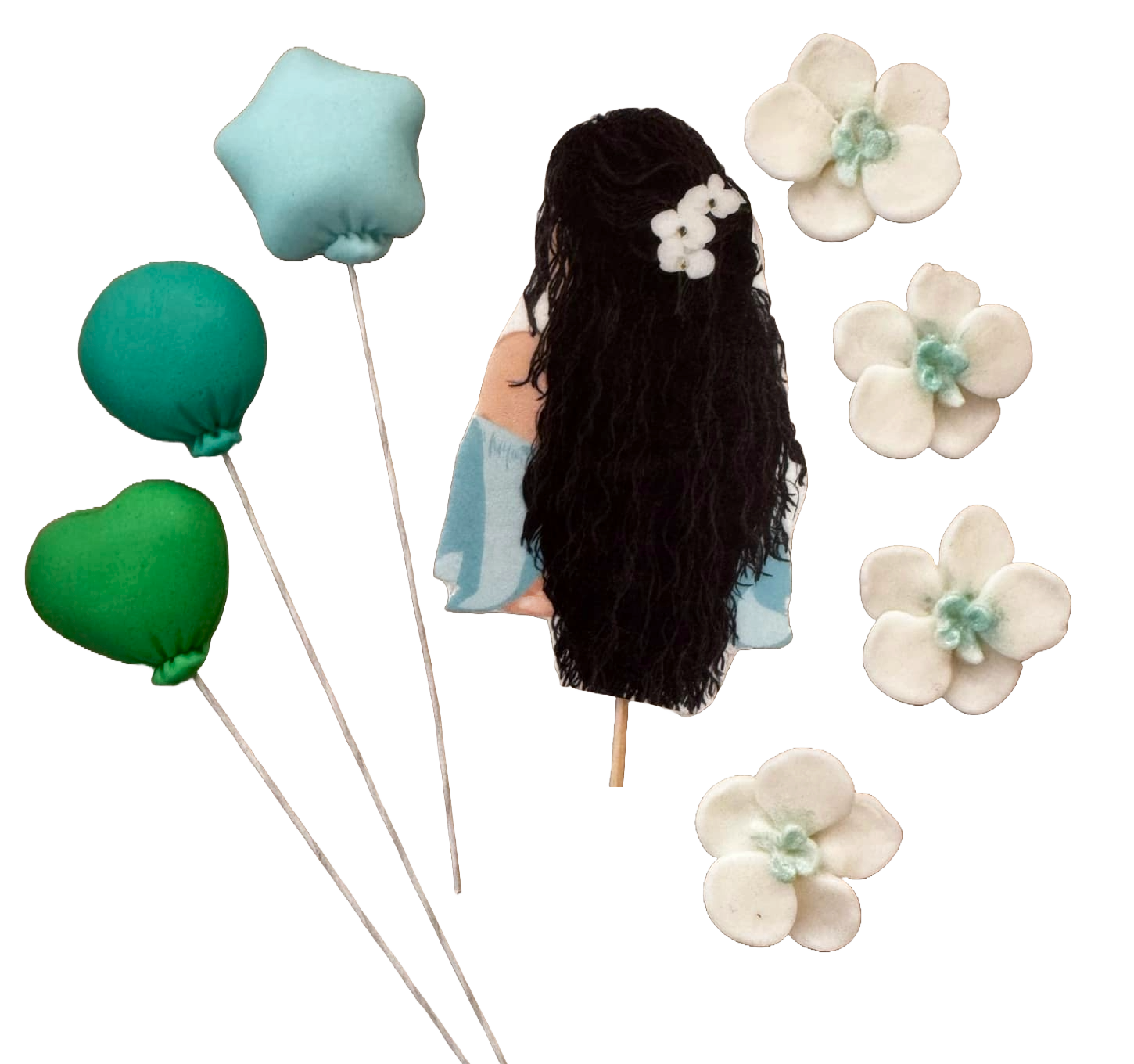 Set de 8 adornos de pasta de azúcar comestible, Bella Dama, cabello negro Decoraciones de pasta de azúcar Naty Shop