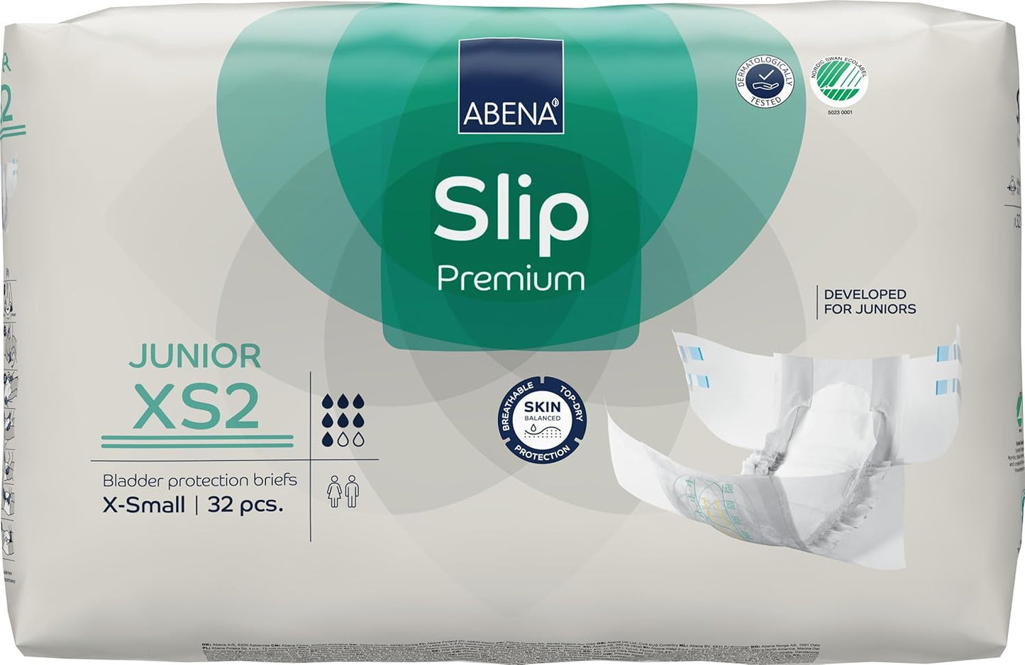 Pañales antideslizantes premium para niños, con etiqueta ecológica, protección mejorada contra fugas, pañales para bebés seguros y cómodos, talla 7/XS2, circunferencia de cintura 40-60 cm, edades de 5 a 15 años, 1 paquete de 32