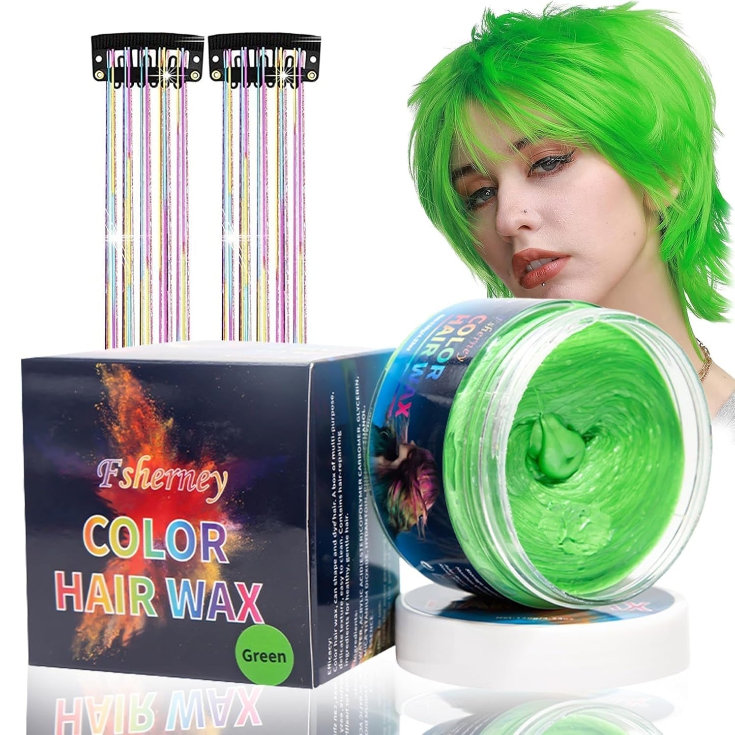 Tinte temporal para cabello verde, cera para color de cabello, tono de cabello para hombres y mujeres, pomada para cabello natural, cera para tinte de cabello con clip de color para color de cabello Crazy Party (4.23 oz, verde) Naty Shop Tinte para cabello verde 1G (1 paquete)