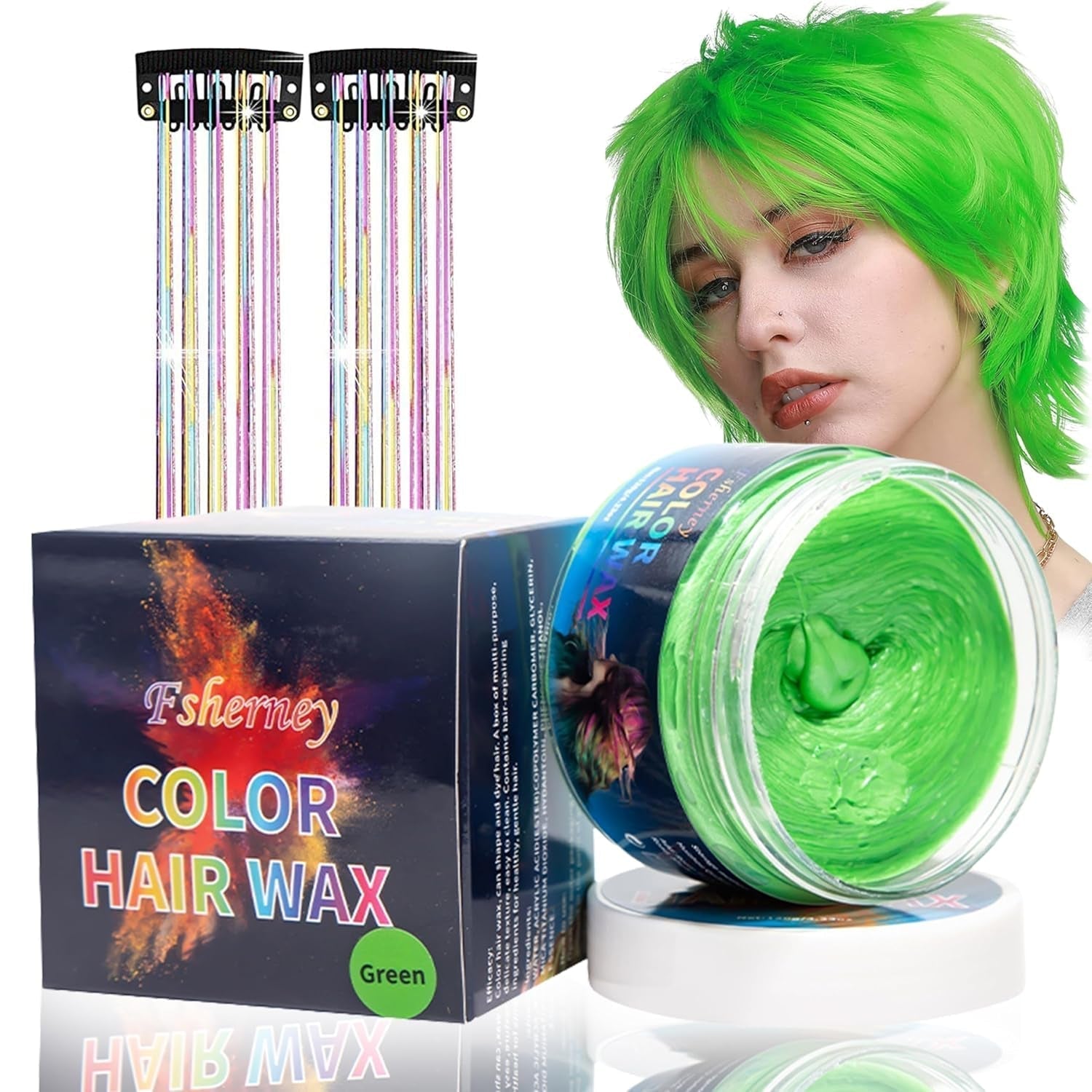Tinte temporal para cabello verde, cera para color de cabello, tono de cabello para hombres y mujeres, pomada para cabello natural, cera para tinte de cabello con clip de color para color de cabello Crazy Party (4.23 oz, verde) Naty Shop Tinte para cabello verde 1G (1 paquete)