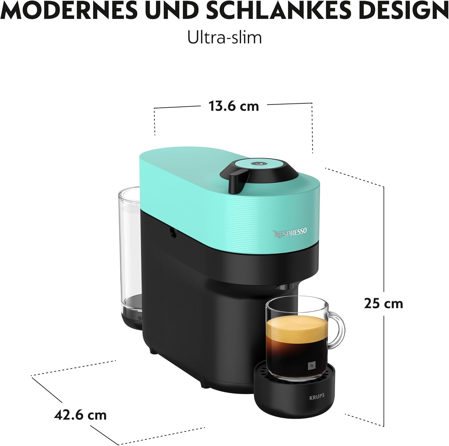 Cafetera espresso con cápsulas Nespresso Krups Vertuo Pop, capacidad: 560 ml, reconocimiento automático de cápsulas, sistema one-touch, 4 tamaños de taza, tiempo de calentamiento reducido, sostenible, Aqua Mint, XN9204