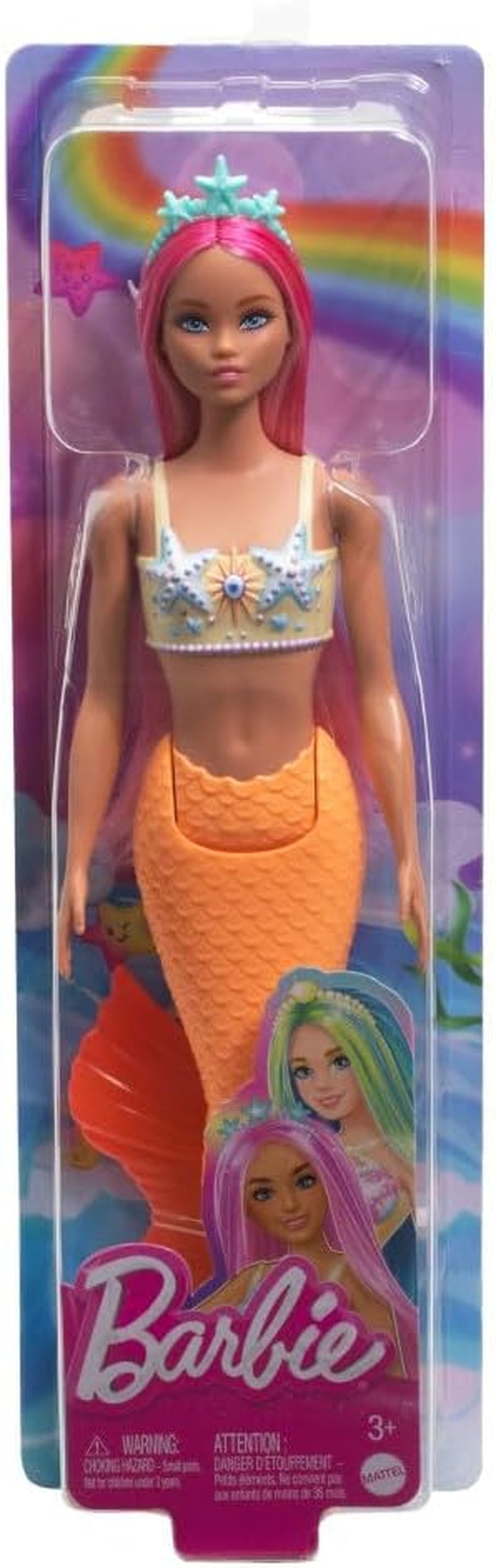 Muñeca Barbie Sirena con elegante cabello rosa y diadema, muñeca con cabeza de estrella de mar y aleta de cola naranja suave, HRR05