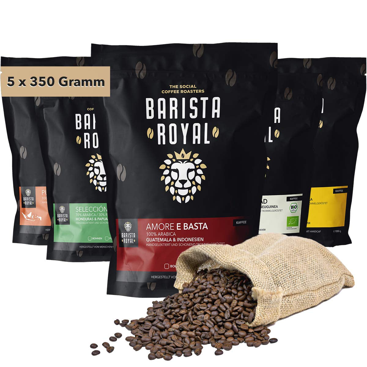 Set de degustación de café en grano entero 5 x 350 g | Paquete Discovery en granos de café en set de regalo | árabe | Comercio Justo | Vegano | Ideal para máquinas de café expreso automáticas, máquinas de café expreso con filtro, máquinas de café expreso de vertido y prensas francesas | BARISTA REAL