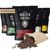 Set de degustación de café en grano entero 5 x 350 g | Paquete Discovery en granos de café en set de regalo | árabe | Comercio Justo | Vegano | Ideal para máquinas de café expreso automáticas, máquinas de café expreso con filtro, máquinas de café expreso de vertido y prensas francesas | BARISTA REAL